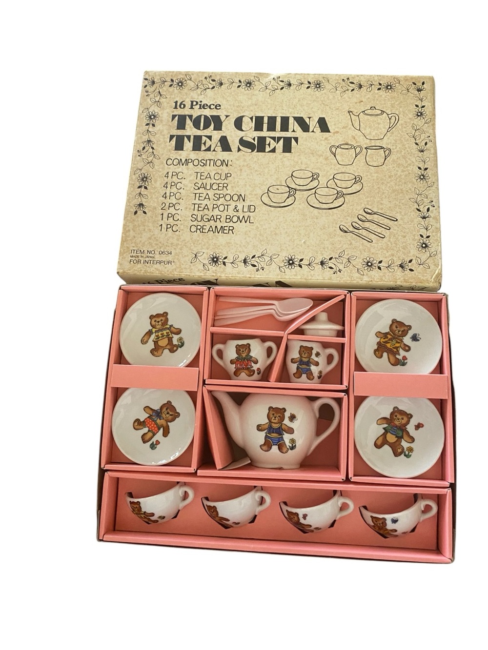 Vintage 70s Teddy Bear Mini Tea Set 16pc Boxed Cottagecore Kidcore country Gifts